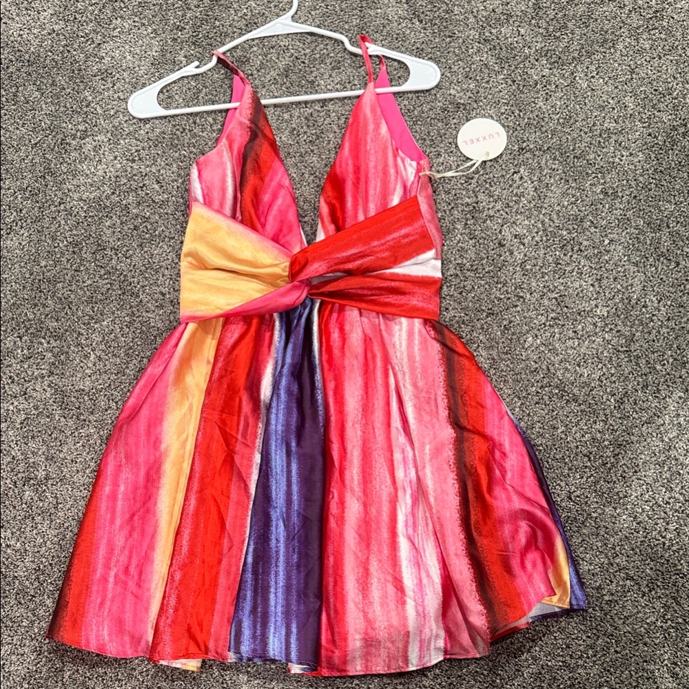 Luxxel Multicolor Striped V-Neck Mini Dress — Pink, Red, Purple, Gold